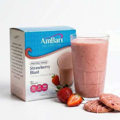 Strawberry Blast smoothie shake by AmBari Nutrition, showing a creamy strawberry-flavored protein shake in a glass.