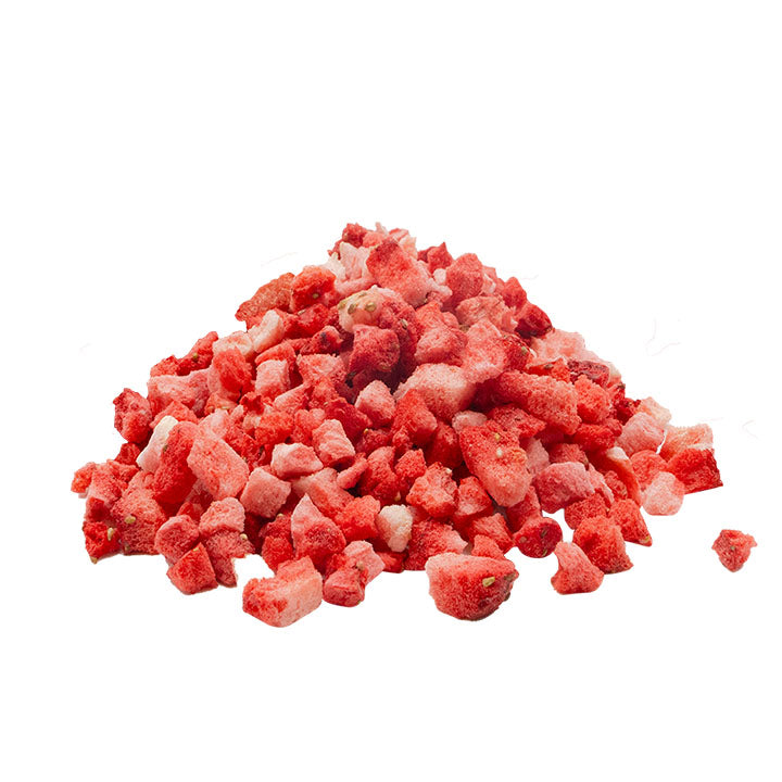 Diced freeze-dried sweetened strawberries by VFD.US, a natural fruit snack, shown in a close-up image.