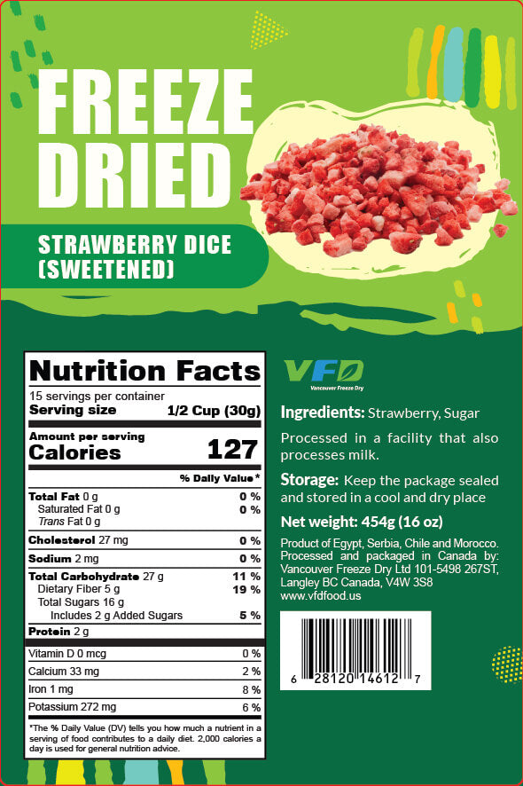 Freeze-dried sweetened strawberry dices by VFD.US, close-up of vibrant red, diced freeze-dried fruit for snacking or baking.