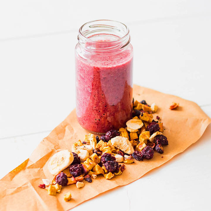 Freeze-dried diced strawberries from VFD.US, sweetened fruit pieces ideal for smoothies or snacks, shown in the image.