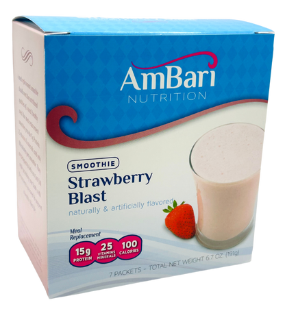 AmBari Nutrition Strawberry Blast smoothie shake in a glass with fresh strawberries and a creamy texture.