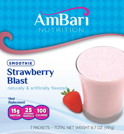 AmBari Nutrition Strawberry Blast smoothie shake in a glass, showcasing a vibrant pink strawberry flavor with fresh fruit garnish.