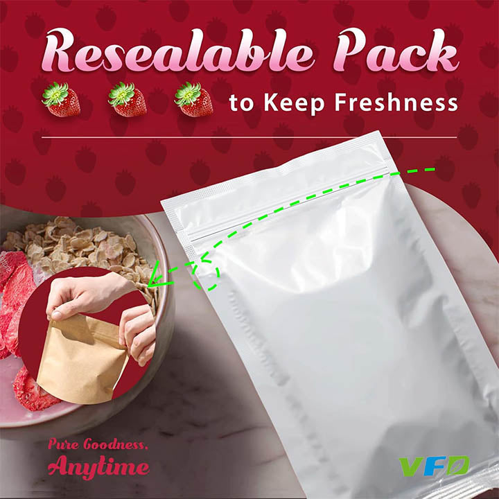 Freeze-dried strawberry slices from VFD.US, perfect for baking and smoothies, showcasing vibrant red fruit in a clear bag.
