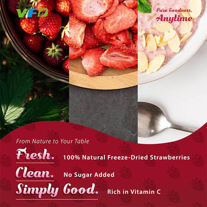 Freeze-dried strawberry slices from VFD.US, perfect for baking and smoothies, showing vibrant red fruit slices on a white background.