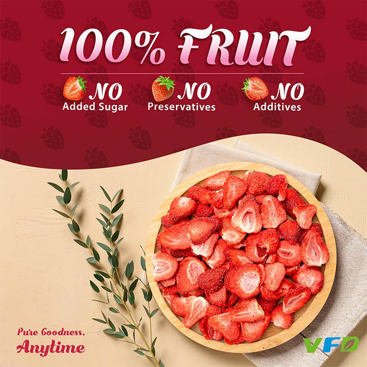 Freeze-dried strawberry slices from VFD.US, single ingredient fruit ideal for baking and smoothies.