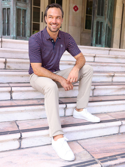 White Water Life Striper Polo in navy with white stripes, showcasing a casual, stylish men's polo shirt with a classic design.