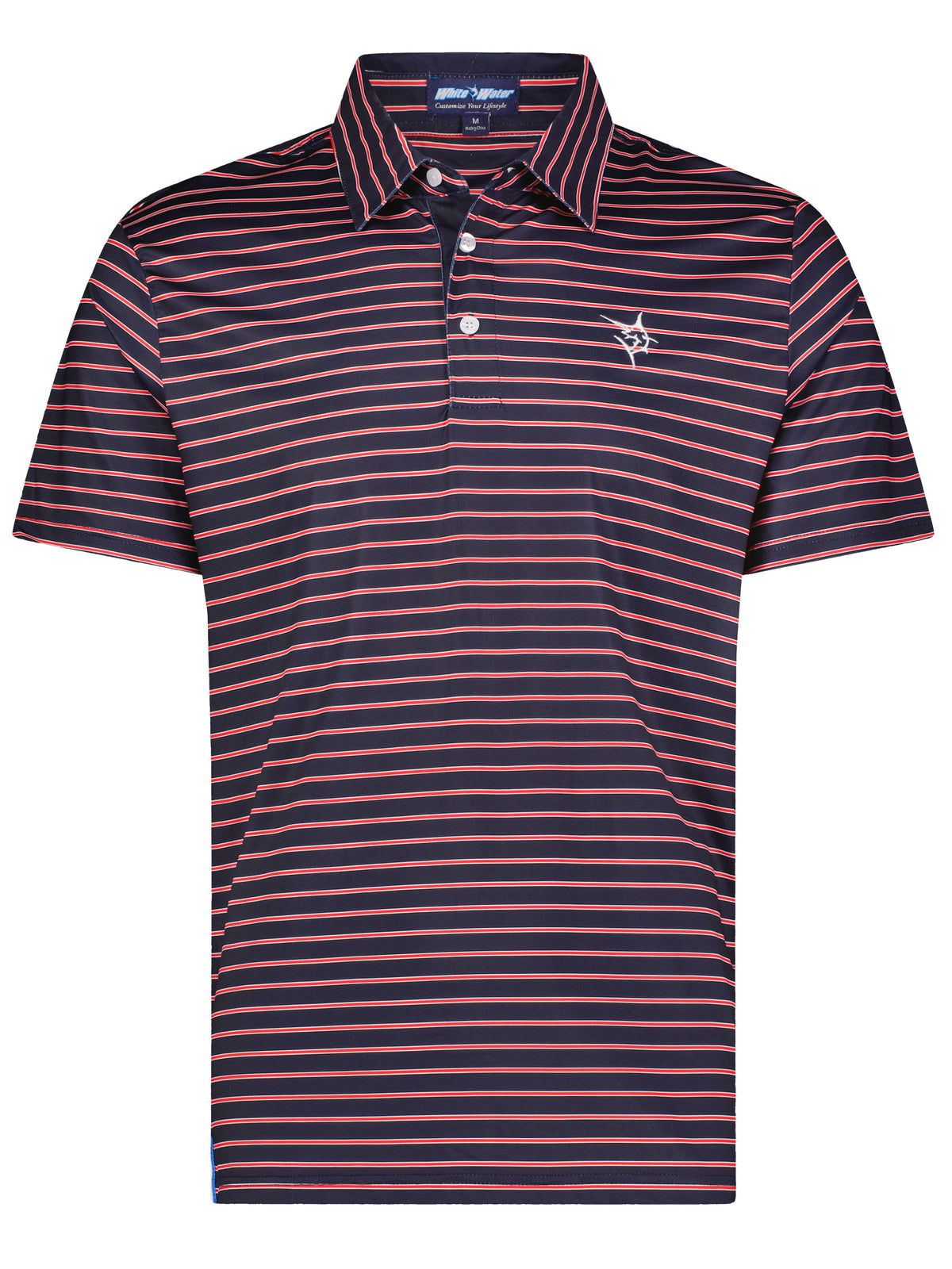 Navy and red White Water Life Striper Polo shirt displayed flat, showcasing its casual, stylish design.