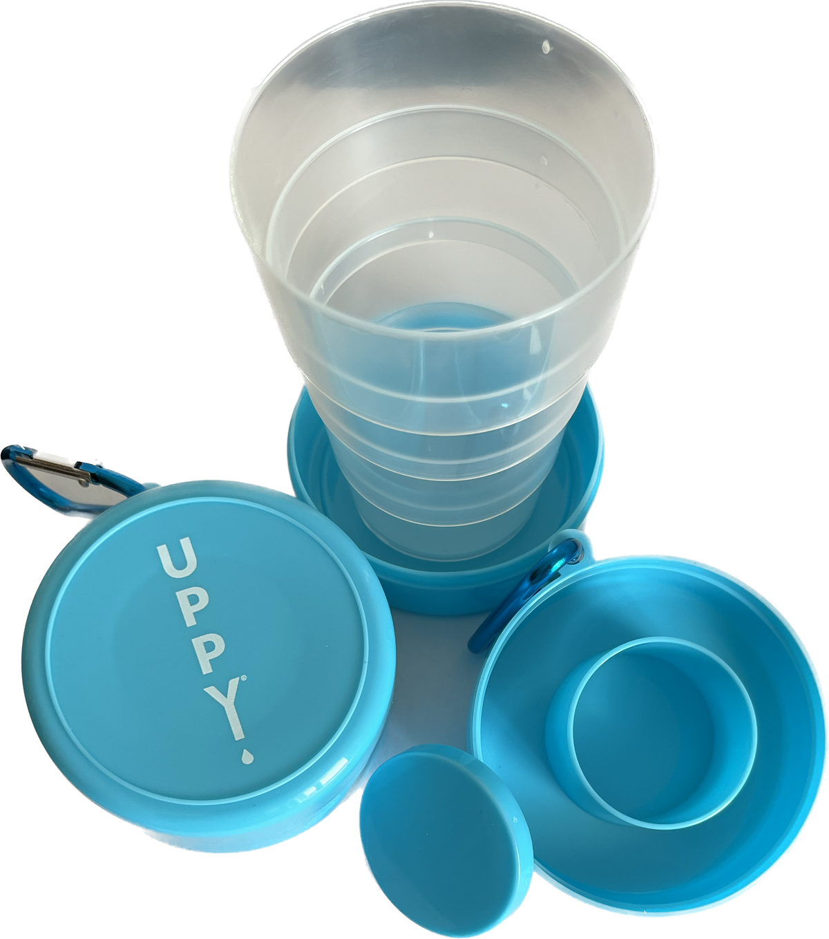Uppy! On-The-Go Cup with electrolyte effervescent tablet holder, portable hydration container, and easy-to-use design.