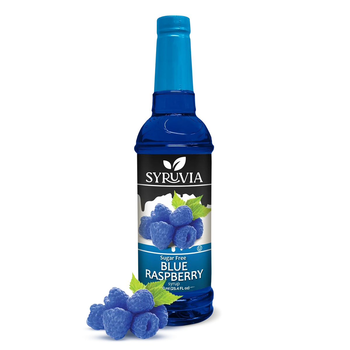 Bottle of Syruvia sugar-free blue raspberry syrup with a clear label and vibrant blue color.