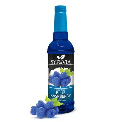 Bottle of Syruvia sugar-free blue raspberry syrup with a clear label and vibrant blue color.