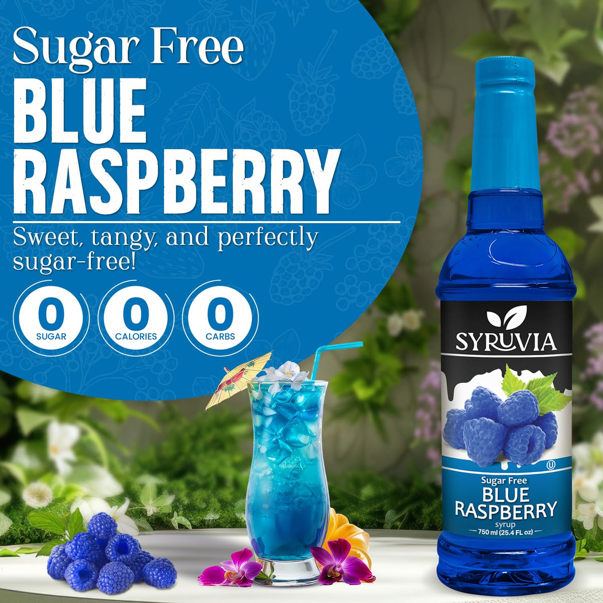Sugar-free blue raspberry syrup by Syruvia in a clear bottle with a blue label, showing the vibrant blue liquid inside.