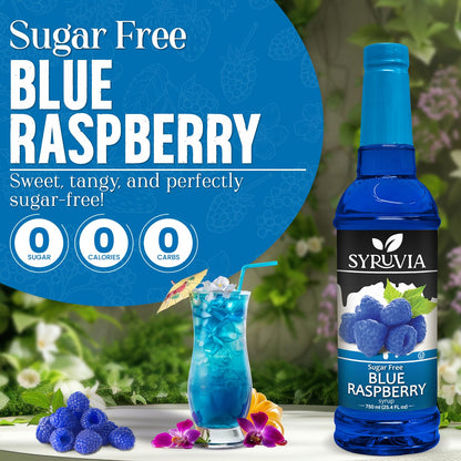 Sugar-free blue raspberry syrup by Syruvia in a clear bottle with a blue label, showing the vibrant blue liquid inside.
