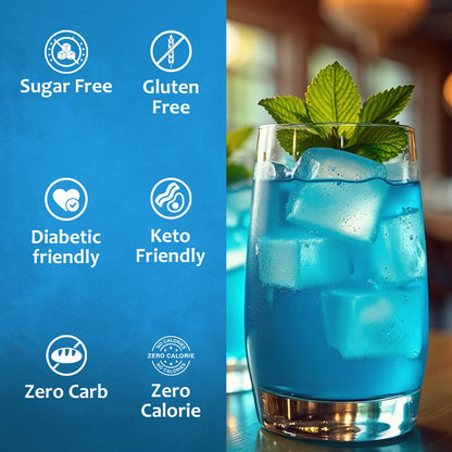 Sugar-free blue raspberry syrup by Syruvia, diabetic-friendly flavor with vibrant blue color and clear bottle.