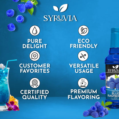 Bottle of Syruvia sugar-free blue raspberry syrup with a clear label and blue raspberry flavoring visible.