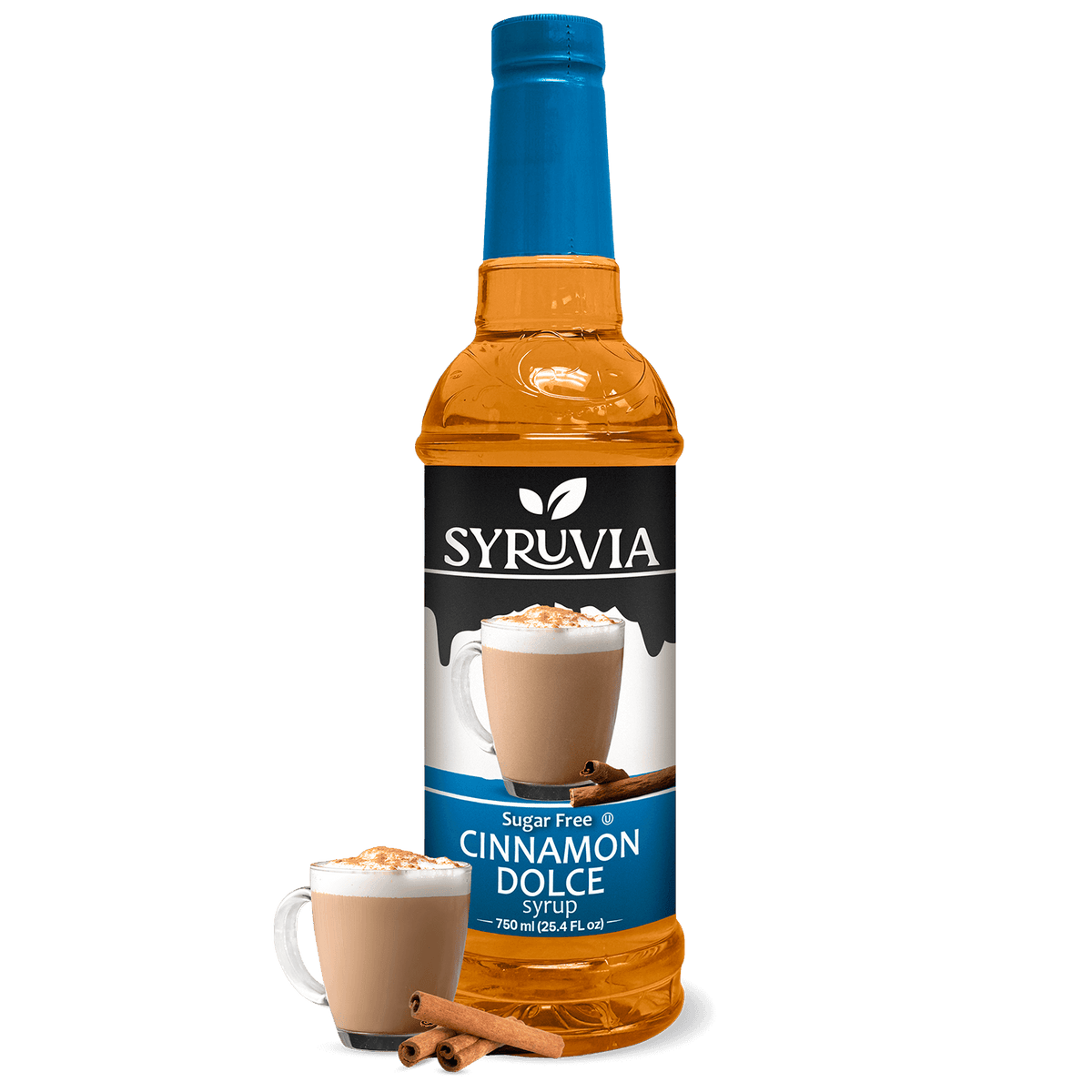 Bottle of Syruvia sugar-free cinnamon dolce syrup with a clear label and dark caramel color, ideal for coffee or desserts