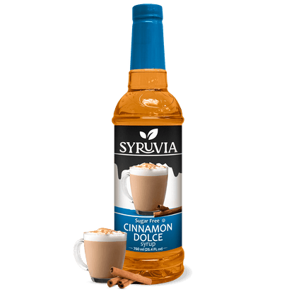 Bottle of Syruvia sugar-free cinnamon dolce syrup with a clear label and dark caramel color, ideal for coffee or desserts