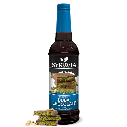 Sugar-Free Dubai Chocolate Syrup by Syruvia, showing a bottle of rich, dark chocolate syrup with a smooth texture.
