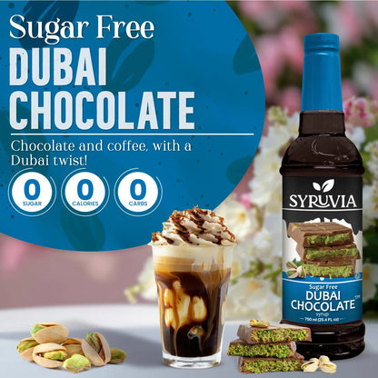 Sugar-Free Dubai Chocolate Syrup by Syruvia, showing a rich, dark chocolate syrup in a clear bottle with a pour spout.