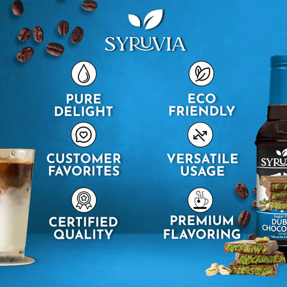 Sugar-Free Dubai Chocolate Syrup by Syruvia, showcasing a bottle of premium chocolate syrup with rich, dark color and smooth texture.