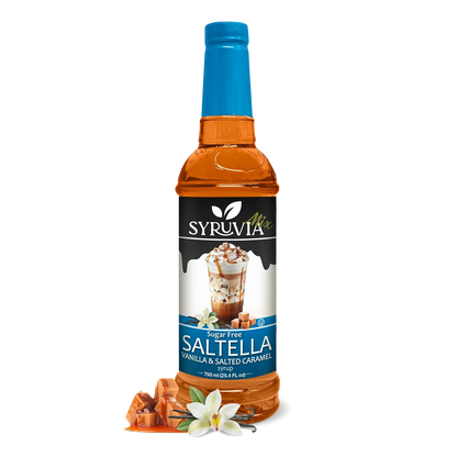 Bottle of Syruvia Sugar-Free SALTELLA Syrup Vanilla Salted Caramel with a label showing caramel flavor and sugar-free branding.