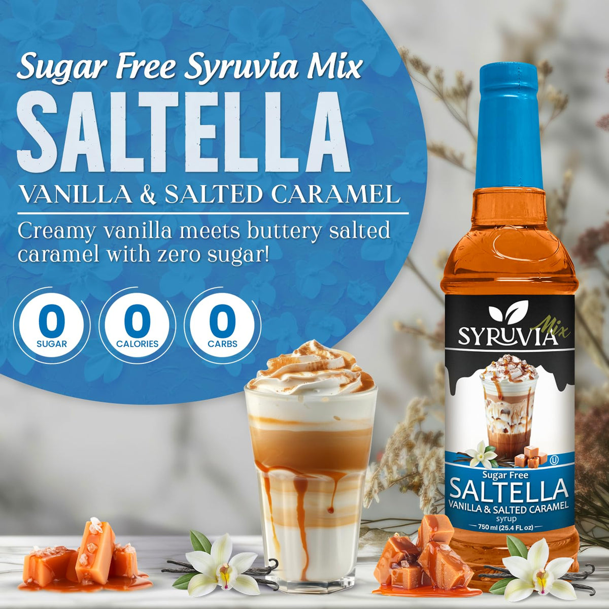 Bottle of Syruvia Sugar-Free SALTELLA Syrup Vanilla Salted Caramel with caramel-colored liquid and vanilla-flavored label.