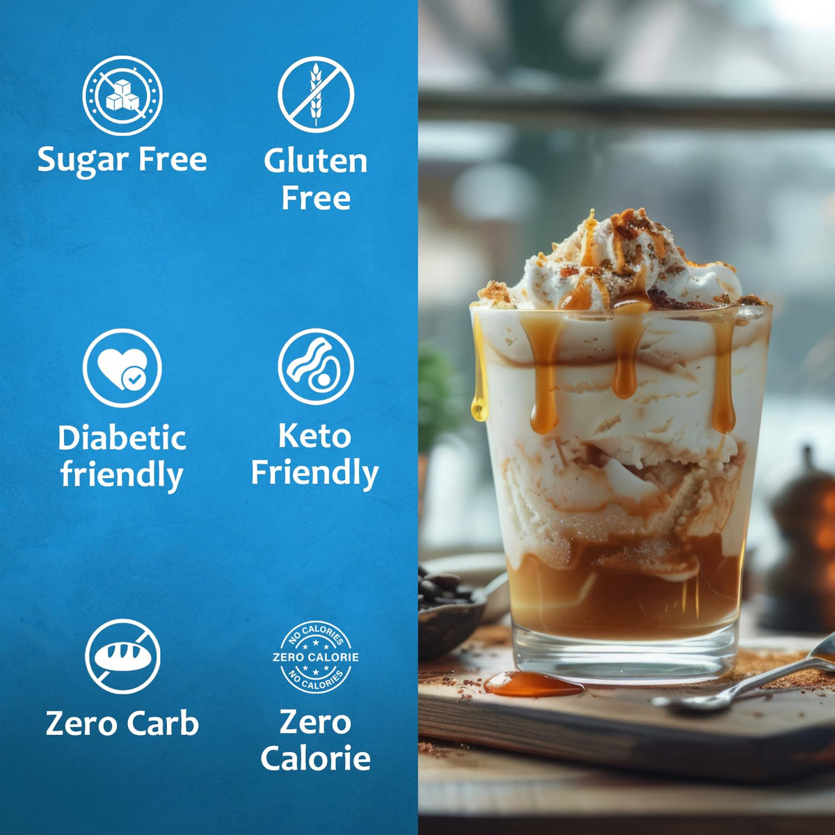 Bottle of Syruvia Sugar-Free SALTELLA Vanilla Salted Caramel Syrup, diabetic-friendly with vanilla and caramel flavor.