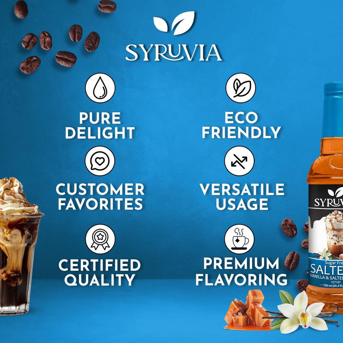 Bottle of Syruvia Sugar-Free SALTELLA Syrup Vanilla Salted Caramel flavoring, showcasing the premium syrup with vanilla and caramel notes.