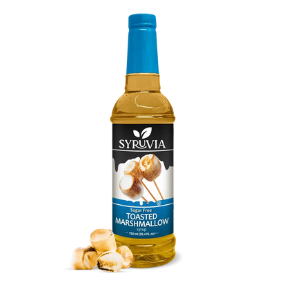 Sugar-free toasted marshmallow syrup in a clear bottle, perfect for adding sweet flavor to beverages and desserts.