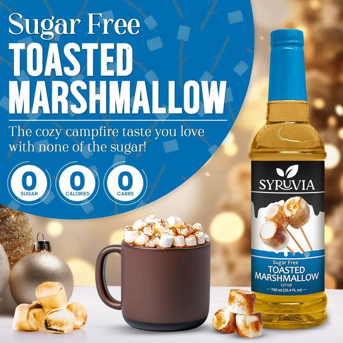 Sugar-free toasted marshmallow syrup in a clear glass bottle with a black pump top, labeled with the Syruvia brand.