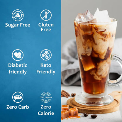 Sugar-free caramel pecan syrup by Syruvia, featuring rich caramel flavor with pecans in a sleek bottle.