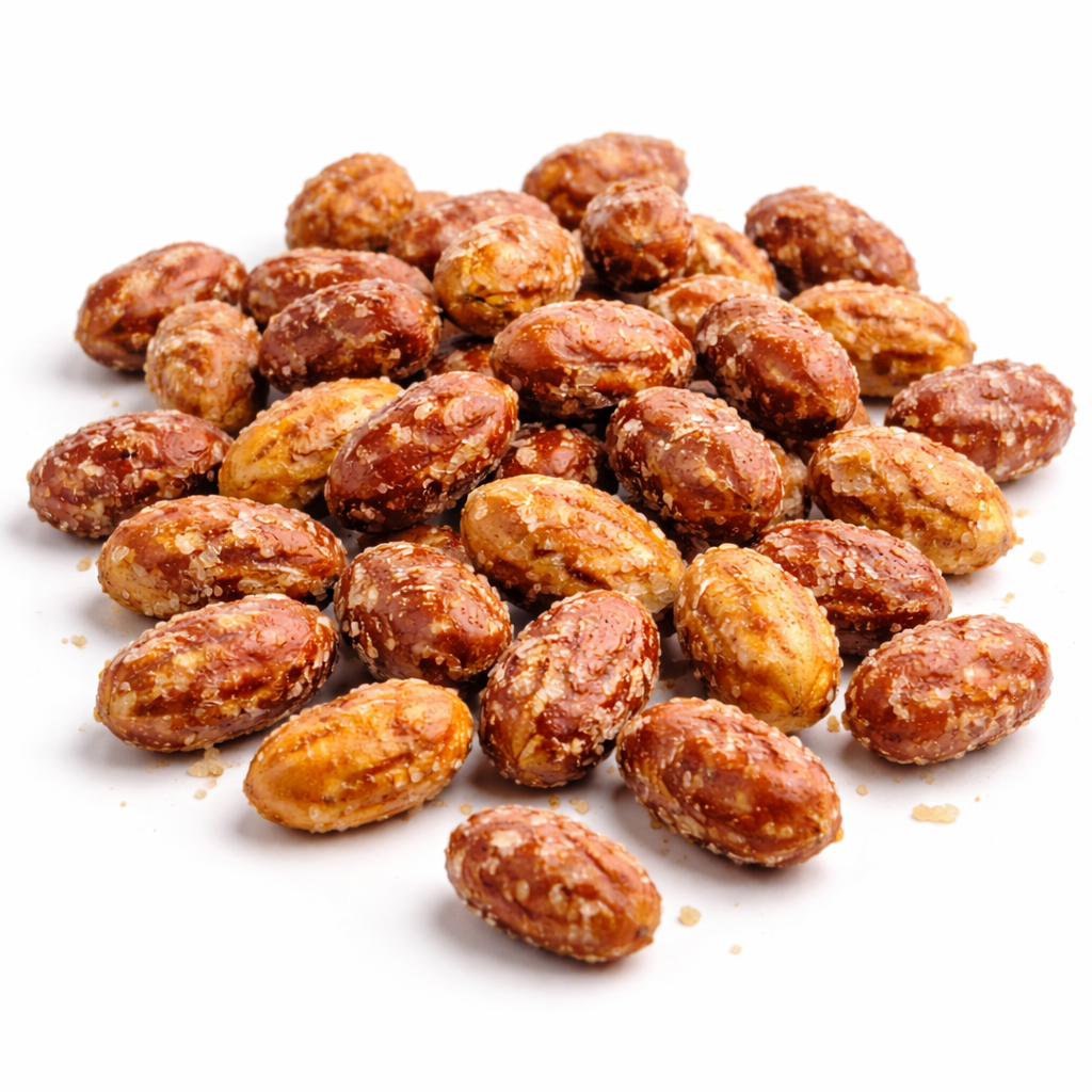 Sugar toasted peanuts in a bulk Candy In Bulk nut snack bag, showing sugar-coated peanuts ready to eat.