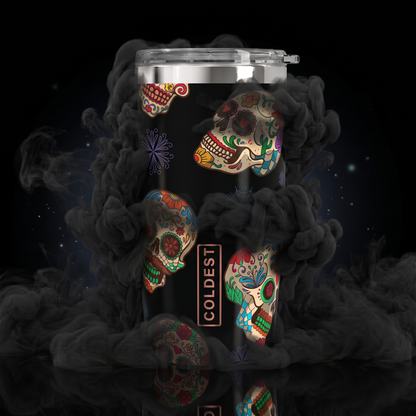 Coldest 20 oz Tumbler v2 hydration bottle featuring vibrant sugar skulls design on a durable stainless steel body