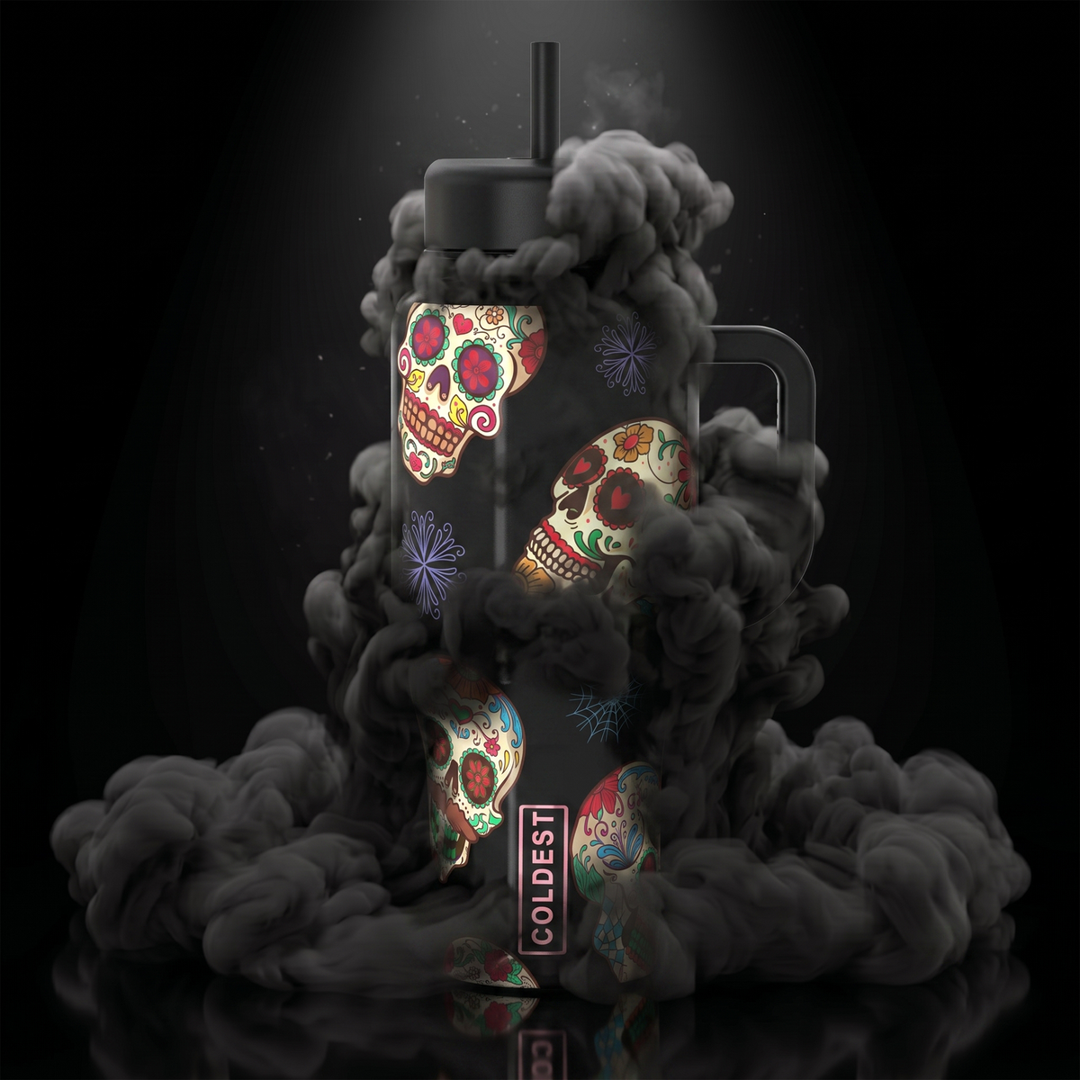 Coldest Limitless Ultra v8 15oz tumbler featuring colorful sugar skull design and durable stainless steel construction.