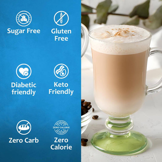 Bottle of Syruvia sugar-free almond syrup, diabetic-friendly, with a clear label showing almond flavor and sugar-free ingredients.