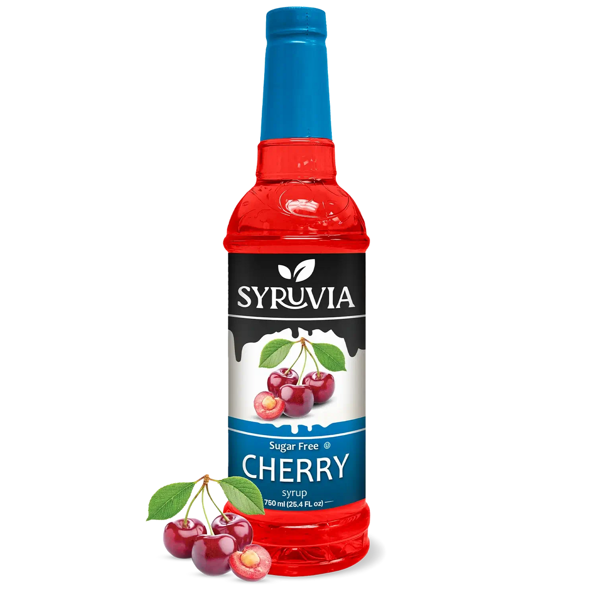 Bottle of Syruvia sugar-free cherry syrup, 750ml, with a red cherry illustration on the label, ideal for coffee and desserts.