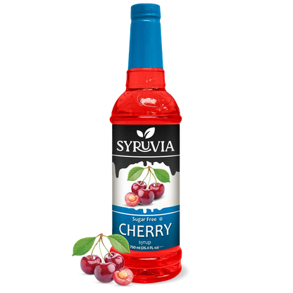 Bottle of Syruvia sugar-free cherry syrup, 750ml, with a red cherry illustration on the label, ideal for coffee and desserts.