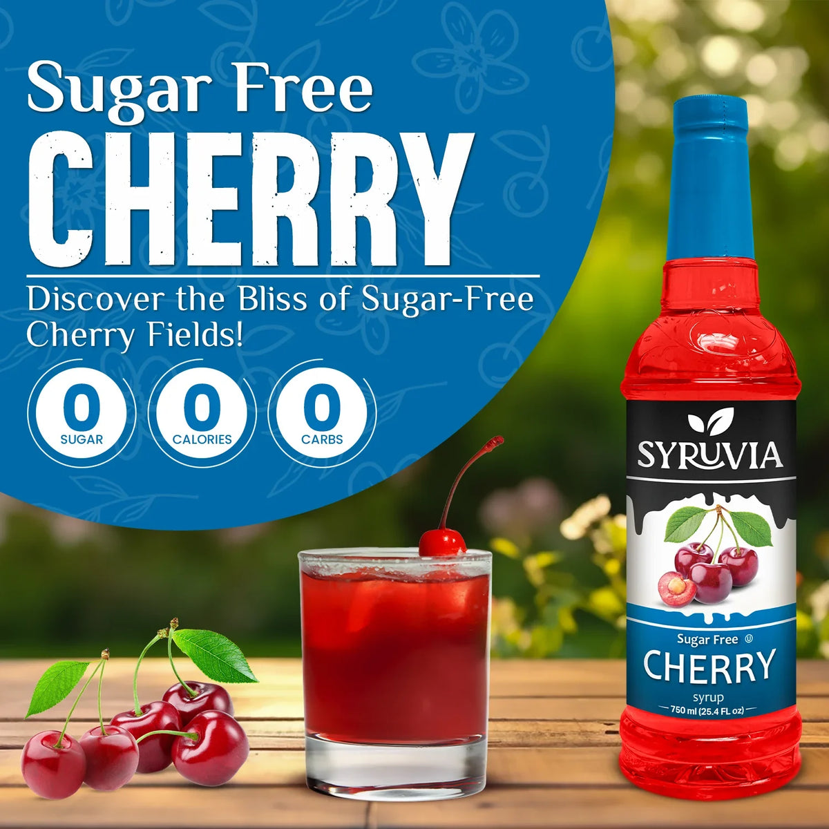 Bottle of Syruvia sugar-free cherry syrup for drinks, featuring a clear label and vibrant cherry flavor illustration.