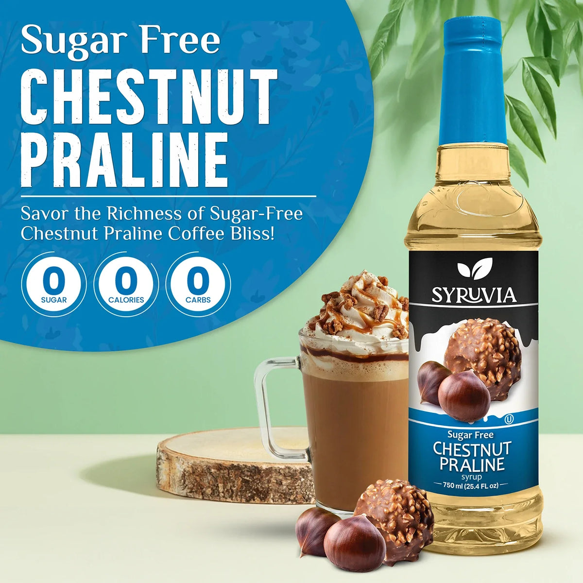 Bottle of Syruvia sugar-free chestnut praline syrup with a label, designed for flavoring coffee and beverages.