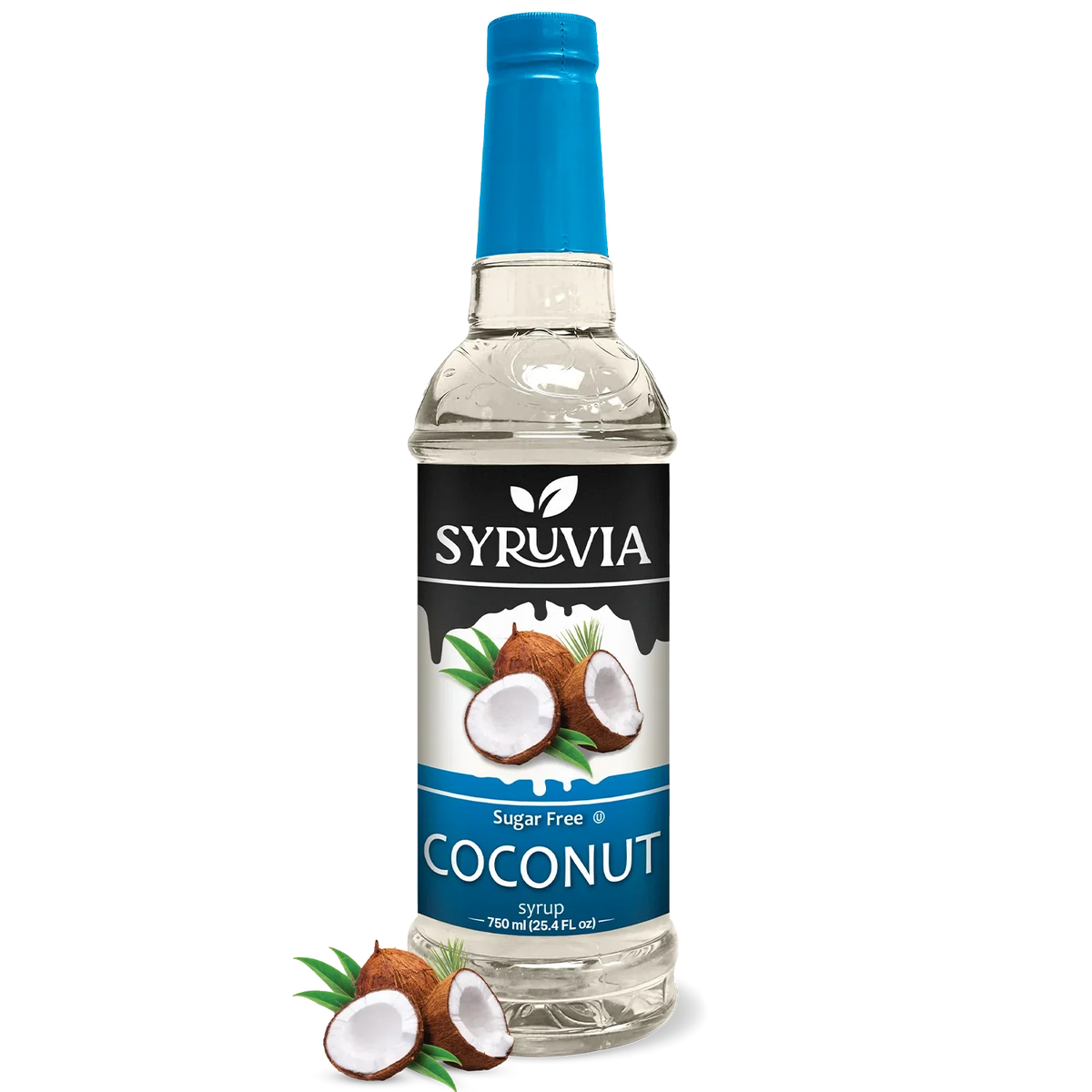 Bottle of Syruvia sugar-free coconut syrup with a clear label, showing the syrup inside and a tropical-themed background.