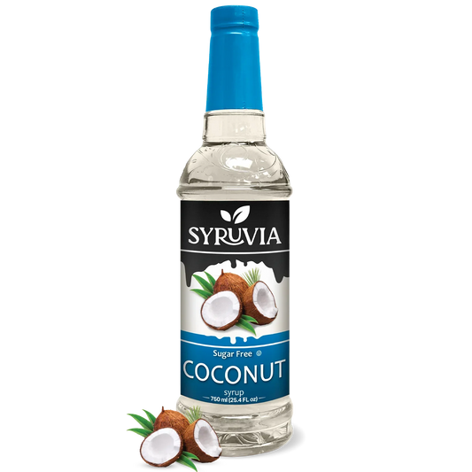 Bottle of Syruvia sugar-free coconut syrup with a clear label, showing the syrup inside and a tropical-themed background.