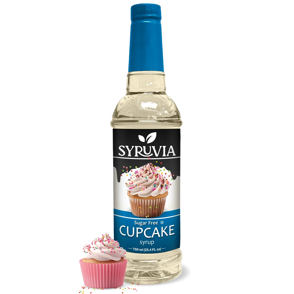 Sugar-free cupcake syrup by Syruvia in a clear bottle with a pump dispenser, showcasing the sweet syrup for baking and decorating.