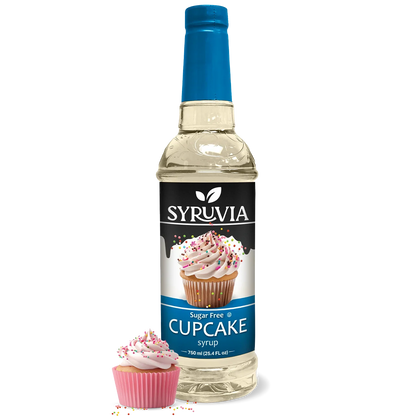 Sugar-free cupcake syrup by Syruvia in a clear bottle with a pump dispenser, showcasing the sweet syrup for baking and decorating.