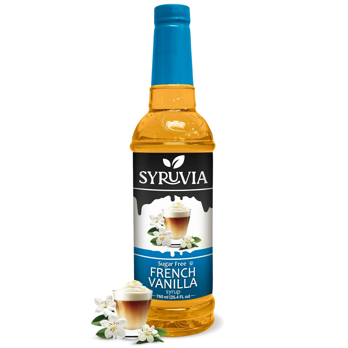 750ml bottle of Syruvia sugar-free French vanilla syrup for coffee and beverages.