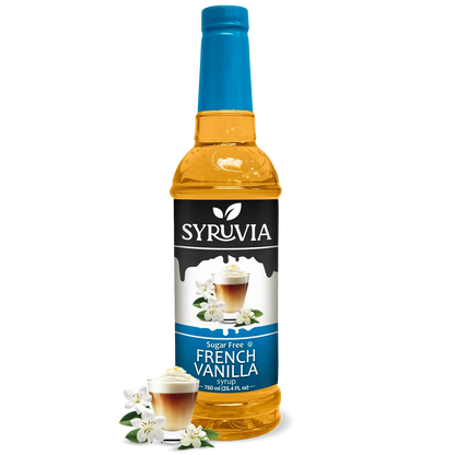 750ml bottle of Syruvia sugar-free French vanilla syrup for coffee and beverages.