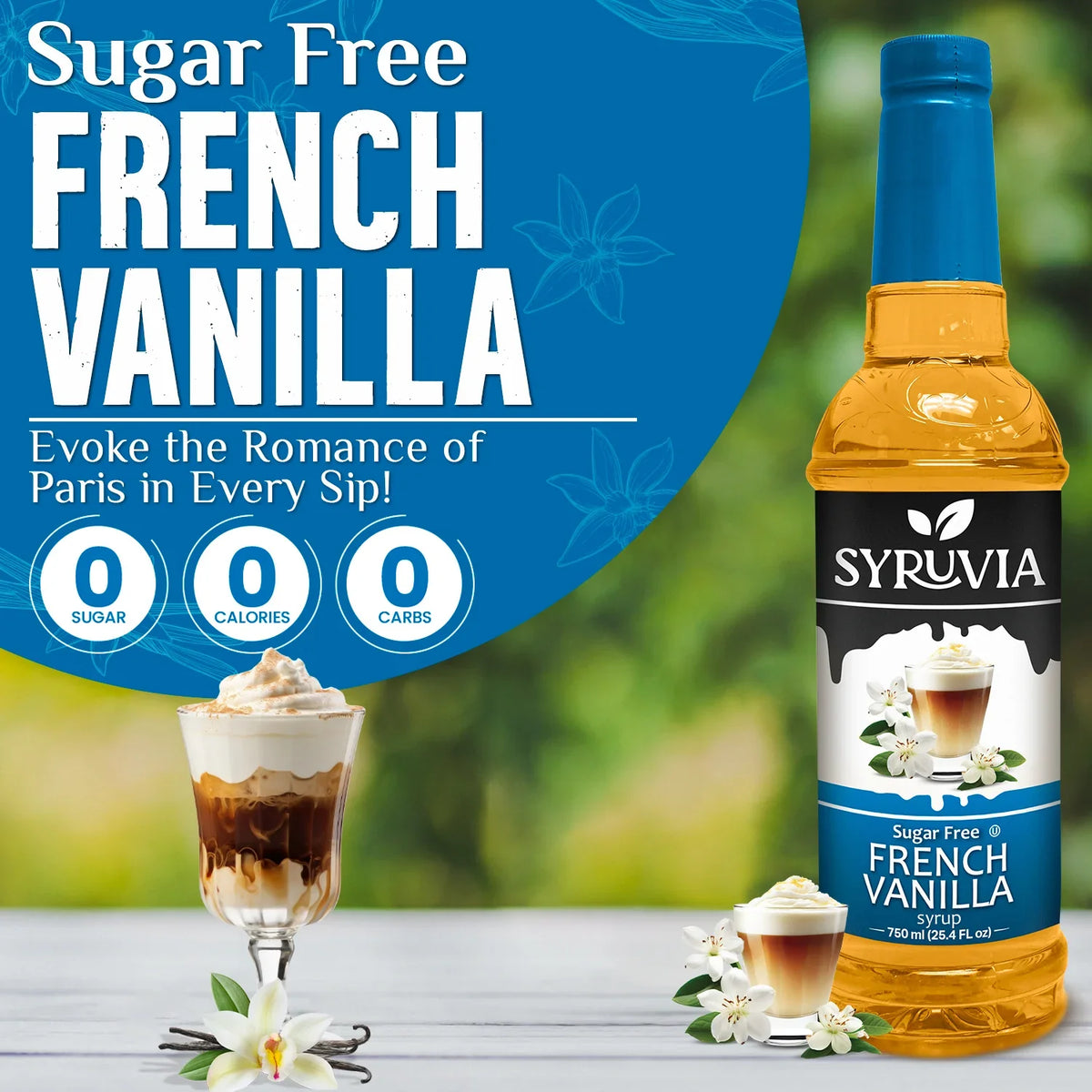 Sugar-free French vanilla syrup by Syruvia, featuring a clear bottle with a pump dispenser, used in coffee or beverages.