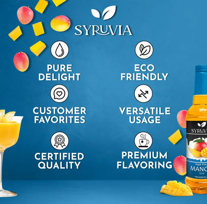 Bottle of Syruvia sugar-free mango syrup with a clear label, showcasing the pure, premium mango flavor.