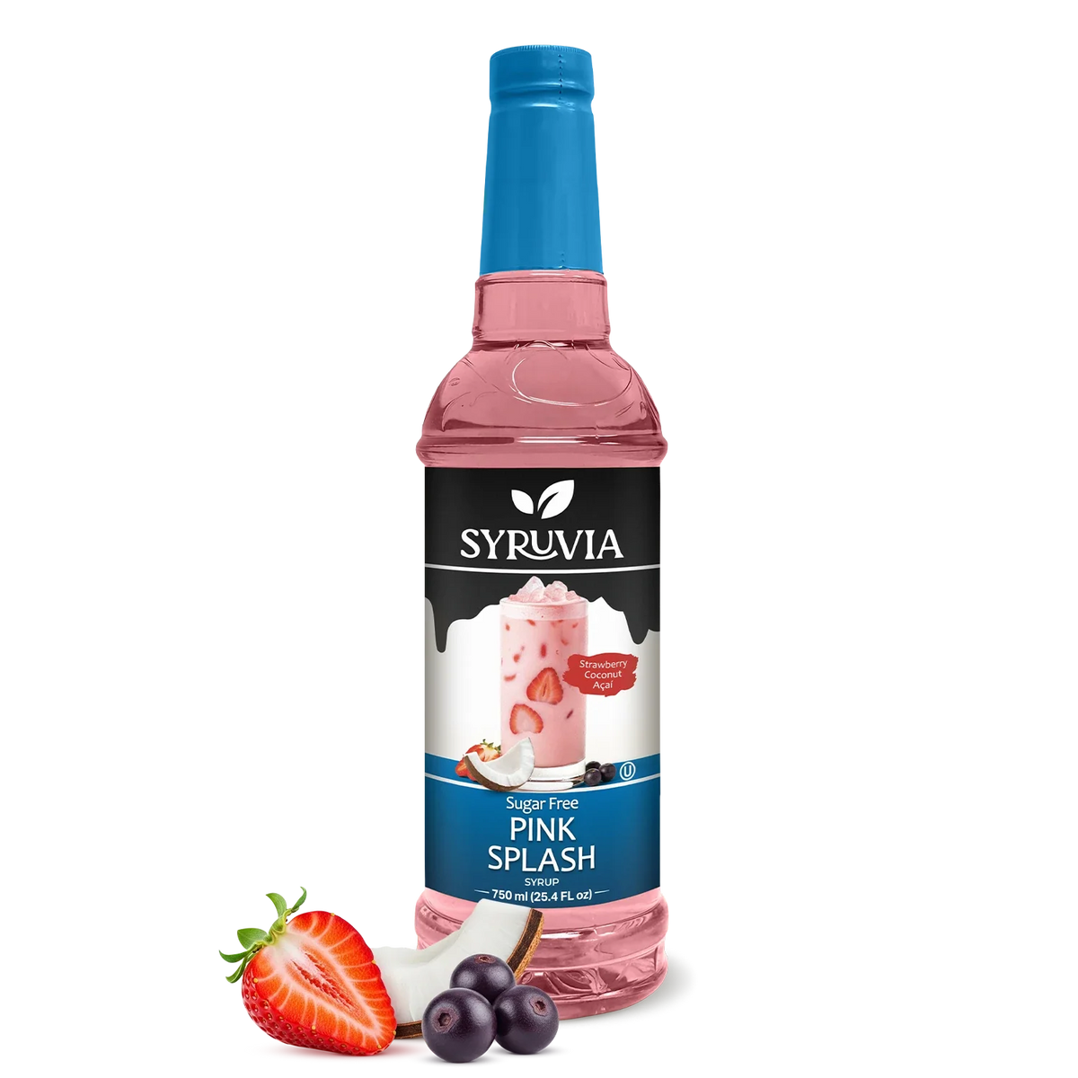 Sugar-free Pink Splash Syrup by Syruvia, showing a vibrant pink syrup bottle with a label and splash of pink liquid.