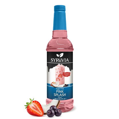 Sugar-free Pink Splash Syrup by Syruvia, showing a vibrant pink syrup bottle with a label and splash of pink liquid.