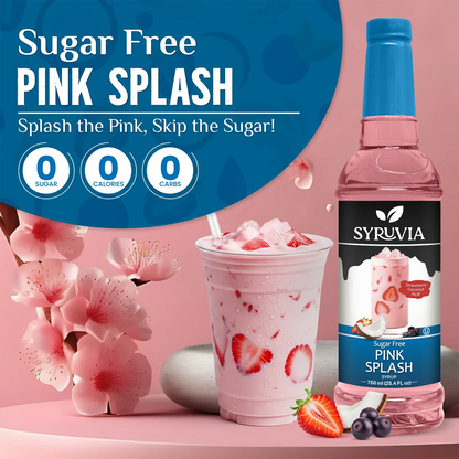 Sugar-free Pink Splash Syrup by Syruvia, showing a vibrant pink syrup in a clear bottle with a colorful label.