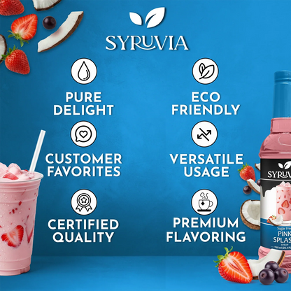 Sugar-free pink splash syrup by Syruvia, showcasing a vibrant pink-colored flavored syrup in a clear bottle.